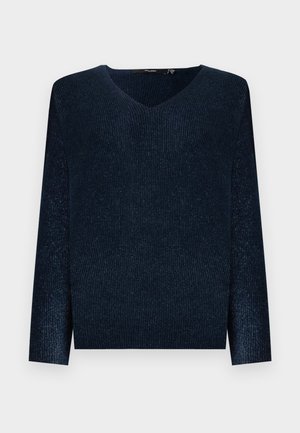 Pulover tricotat ribbed în nuanță de navy, cu decolteu în V, mâneci lungi și o siluetă relaxată. Textură moale cu un ușor luciu pe intreaga țesătură.