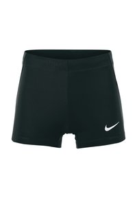 Pantaloni corti sportivi neri realizzati in un tessuto liscio e elasticizzato. Presentano una vestibilità aderente e un logo Nike bianco sul lato sinistro in basso.