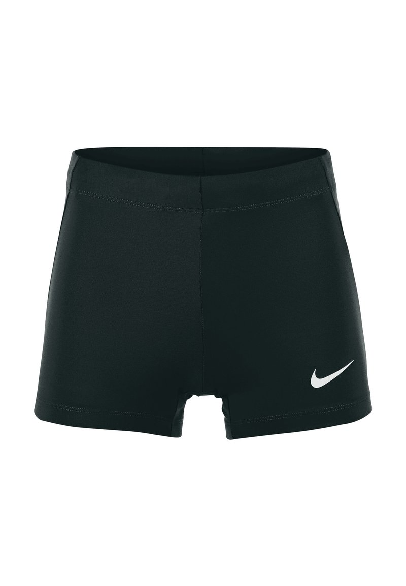Pantaloni corti sportivi neri realizzati in un tessuto liscio e elasticizzato. Presentano una vestibilità aderente e un logo Nike bianco sul lato sinistro in basso.