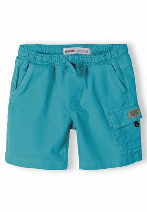 Shorts pour enfants en turquoise avec taille élastique, poches latérales et une poche cargo avec rabat sur la jambe droite.