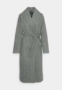 Cappotto in lana a spina di pesce grigio con ampio colletto sciallato e vita regolata da una cintura legata in un nodo, maniche lunghe e orlo fino al ginocchio.