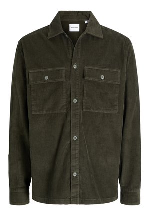 Camicia in velluto a coste verde scuro con bottoni, maniche lunghe, due tasche sul petto con pattine a bottone e colletto, etichetta della taglia all'interno.
