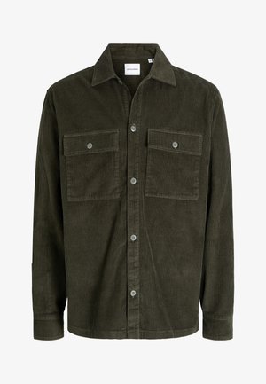 Camicia in velluto a coste verde scuro con bottoni, maniche lunghe, due tasche sul petto con pattine a bottone e colletto, etichetta della taglia all'interno.