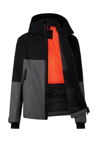 Černá a šedá venkovní bunda s oranžovým podšívkou, vybavená vysokým límcem, zipovými kapsami a moderním, elegantním designem.