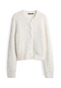 Weißer, flauschiger Cardigan mit runder Ausschnitt, strukturiertem Stoff und fünf Knöpfen an der Vorderseite. Kürzere Länge und lange Ärmel.
