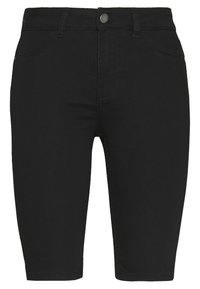 Černé bermudy z denimu s vysokým pasem, vybavené pěti kapsami, zapínáním na knoflík vpředu a hladkým, texturovaným povrchem.