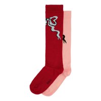 Calcetines altos hasta la rodilla en rojo y rosa con un lazo decorativo gris y un patrón de figuras negras. Fabricados con material de punto suave, presentan colores contrastantes.