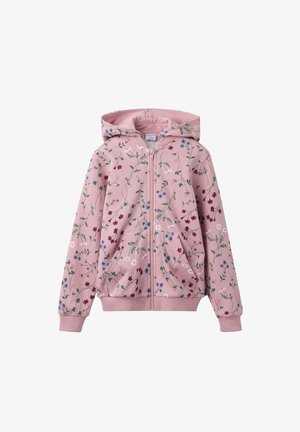 Roze zip-up hoodie met bloemprint in verschillende kleuren. Het heeft een capuchon, twee voorzakken en ribgebreide boorden en onderkant.