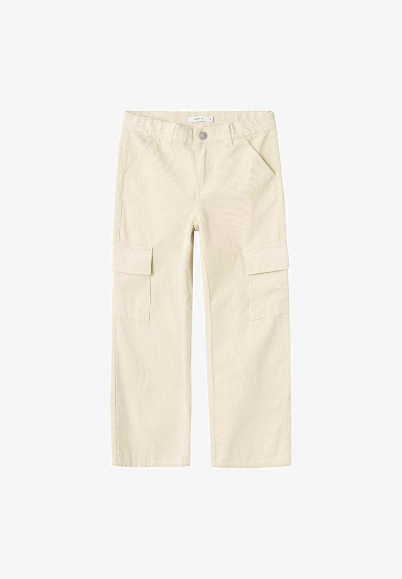 Béžové kordové cargo kalhoty s uvolněným střihem, více bočními kapsami a zapínáním na knoflík v pase. Texturovaná tkanina s vertikálními pruhy.