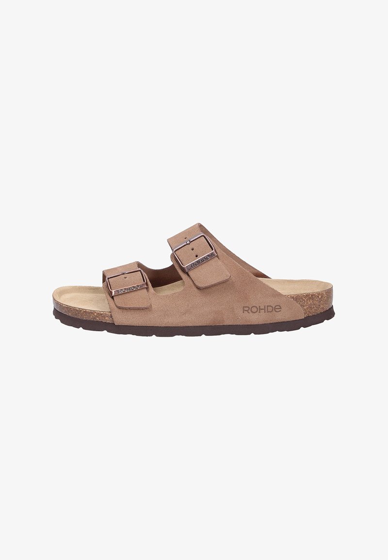 Brune ruskindsklogger med to justerbare remme og metalspænder. Korkfodbede og struktureret gummisål. Mærket "ROHDE" præget.