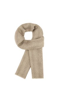 Beige halstørklæde med fiskebensmønster fremstillet af blødt materiale. Har frynsede ender med et snoet design, der ligger fladt.