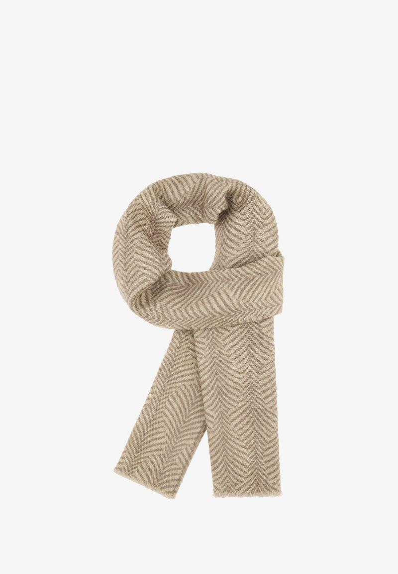 Beige halstørklæde med fiskebensmønster fremstillet af blødt materiale. Har frynsede ender med et snoet design, der ligger fladt.