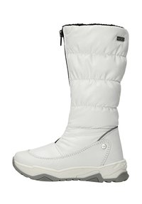 Witte, puffy winterlaars met een hoge schacht, ritssluiting en grijze rubberen zool. Kenmerkt zich door een gladde stof met stiksels en een logo-detail.
