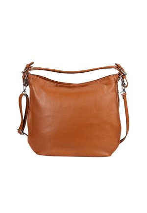 Hellbraune Leder-Umhängetasche mit weicher Textur, Reißverschluss und verstellbarem Riemen. Verfügt über silberfarbene Beschläge und ein legeres Design.