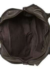 Läderhandväska i mörkgrått med en slät yta, flera fickor och blixtlåsstängning. Fodrad med enfärgat brunt tyg.