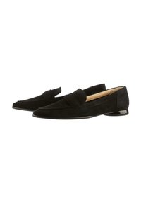 Black suede loafers with a flat heel, featuring a folded accent on the upper, pointed toe, and a smooth leather interior.