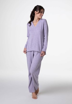 Set di abbigliamento da casa in maglia viola, composto da una maglia a maniche lunghe con scollo a V e pantaloni abbinati, texture morbida, vestibilità comoda e delicato motivo mélange.