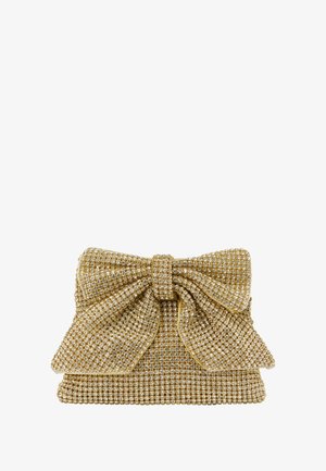 Arany színű kézitáska csillogó strasszkövekkel díszítve, a frontján egy nagy masnival és textúrált felülettel.