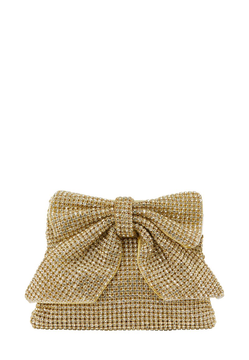 Gouden clutch tas versierd met glinsterende rhinestones, met een grote strik aan de voorkant en een textiel oppervlak.