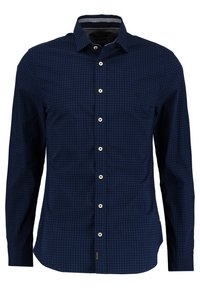Camisa de botones de cuadros azul marino de manga larga para hombre, con cuello y botones blancos en la parte delantera.