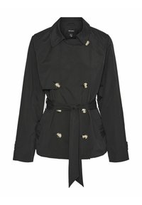 Sort trenchcoat med en dobbeltbrystet design, metalknapper, bælte i taljen og en klassisk krave. Lavet af et glat, let materiale.