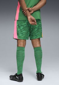 Maglia atletica verde con un pannello laterale rosa, pantaloni corti verdi a fantasia, calze verdi lunghe fino al ginocchio e scarpe da calcio nere.