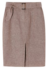 Korkeavyötäröinen, polvipituinen vaaleanruskea pellavahame, joka on varustettu eturei'illä, ommelluilla taskuilla ja samasta kankaasta tehdyllä vyöllä, jossa on suorakulmainen solki.