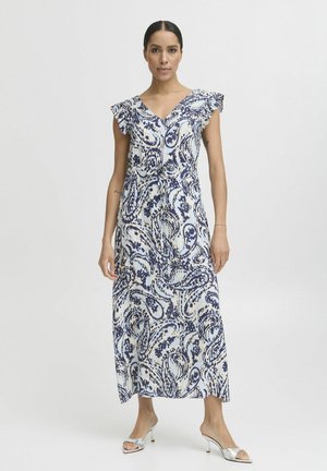 Rochie maxi dintr-un material ușor, cu un model paisley alb-albastru, decolteu în V, mâneci volănașe și talie ajustată cu detaliu legat.