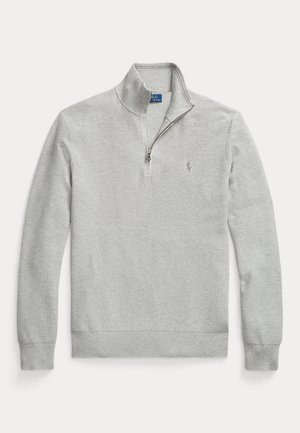 Sweat à zip gris clair en tissu texturé avec col montant et poignets côtelés. Présente un petit logo sur la poitrine gauche.
