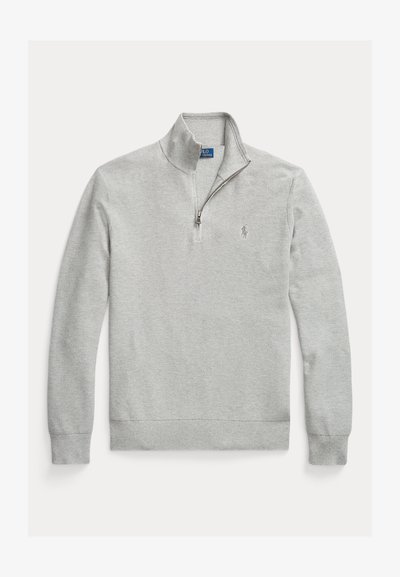 Sweater cinza-claro com fecho éclair, feito de um tecido texturizado, com gola levantada e punhos canelados. Tem um pequeno logótipo no lado esquerdo do peito.