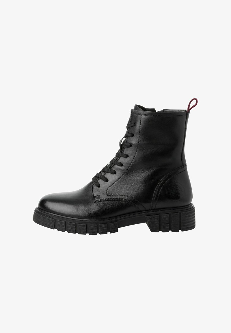 Schwarze Leder-Ankle-Boots mit Schnürdesign, abgerundeter Zehenpartie, gepolsterter Knöchelpartie und Gummisohle mit strukturierten Rillen sowie einer praktischen Schlaufe an der Rückseite.