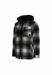 Veste zippée à carreaux noirs et blancs avec capuche, deux poches poitrine avant à boutons et poches latérales.