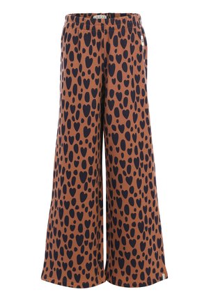 Bruine broek met wijde pijpen en een elastische tailleband, versierd met een zwart hartje en ovale patronen over het hele oppervlak.