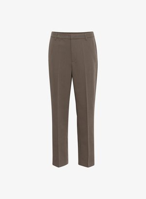 Smeđe krojene hlače s ravnim nogavicama, s ravnim prednjim dijelom, petljama za remen i glatkom teksturom. Nema vidljivih uzoraka ili akcenata.