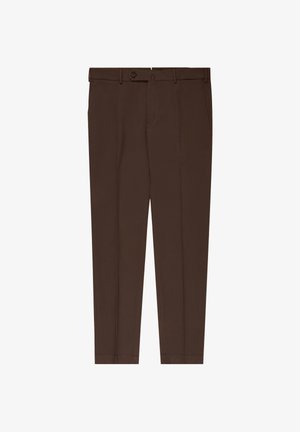 Pantaloni eleganti su misura marroni con tasche laterali, passanti per cintura, chiusura frontale con bottone e cerniera, esposti su sfondo bianco.