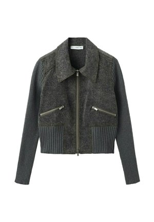 Veste zippée gris foncé avec col large, manches longues côtelées et ourlet, et deux poches poitrine zippées en diagonale.