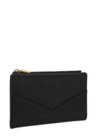 Pochette rectangulaire noire en cuir avec fermeture éclair dorée et logo embossé "mila louise PARIS" sur le devant.