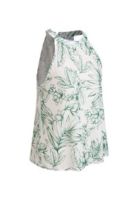 Top ligero sin mangas de tela blanca con patrones florales y de hojas en verde. Presenta un escote redondeado y un corte relajado.
