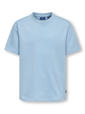 Light blue short-sleeve cotton t-shirt with crew neck, flat lay view, plain design, and small brand label on the hem.