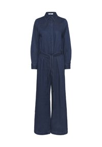 Dunkelblauer Denim-Overall mit langen Ärmeln, weitem Bein, Kragen, verdeckter Knopfleiste vorne und passendem Stoffgürtel in der Taille.