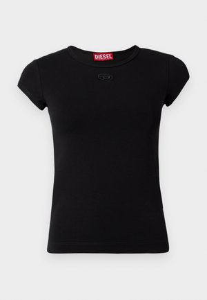 T-shirt noir à manches courtes en coton. Il présente un col rond et un petit logo embossé à l'avant. Texture lisse.