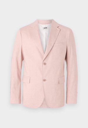 Svetlo roza blejzer iz teksturirane tkanine, z notch ovratnikom, dvema gumboma, dvema sprednjima žepoma in enim žepom na prsih.