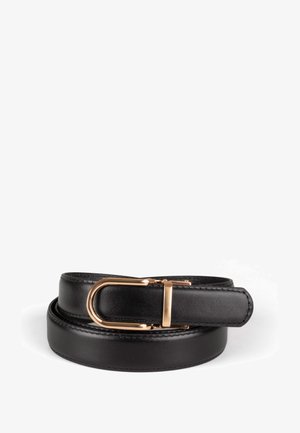 Black leather belt with a smooth texture, featuring a gold-tone metal buckle in a rectangular shape, and neat stitching along the edges.