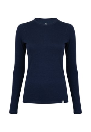 Marineblaues Langarmshirt mit rundem Halsausschnitt und taillierter Silhouette. Glatte Textur mit minimaler Markenkennzeichnung am Saum.