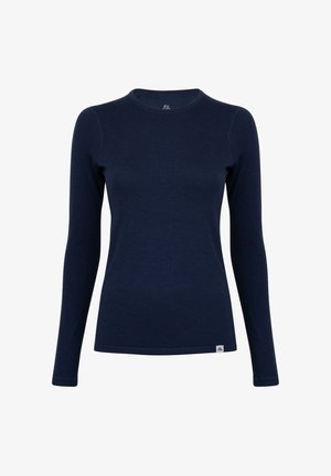 Marineblå langærmet top med rund halsudskæring og tætsiddende silhuet. Glat tekstur med minimal branding i kanten.