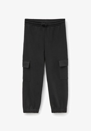 Černé teplákové kalhoty vyrobené z měkké látky, s elastickým pasem, šňůrkou na stažení a dvěma bočními kapsami. Montované na kotnících.