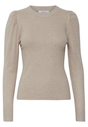 Bežinė raštuota megztinis su ilgomis rankovėmis, apvaliu iškirpimu ir pūstomis pečių detalėmis. Pagaminta iš minkštos mezginių medžiagos su tekstūruotu paviršiumi.