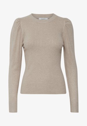 Bežinė raštuota megztinis su ilgomis rankovėmis, apvaliu iškirpimu ir pūstomis pečių detalėmis. Pagaminta iš minkštos mezginių medžiagos su tekstūruotu paviršiumi.