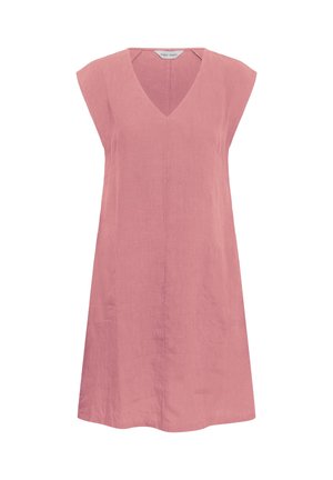 Abito rosa senza maniche fino al ginocchio con scollo a V e vestibilità comoda, realizzato in tessuto leggero di lino.