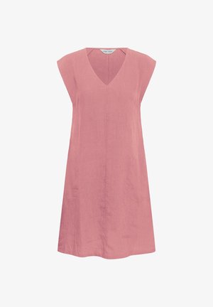 Ružové šaty bez rukávov po kolená s véčkovým výstrihom a voľným strihom, vyrobené z ľahkej ľanovej látky.